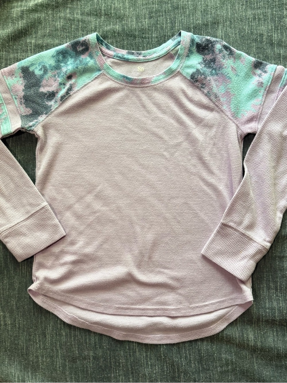 SO Lavender Waffle Knit Long Sleeve Top with Mint & Gray Tie-Dye Shoulders